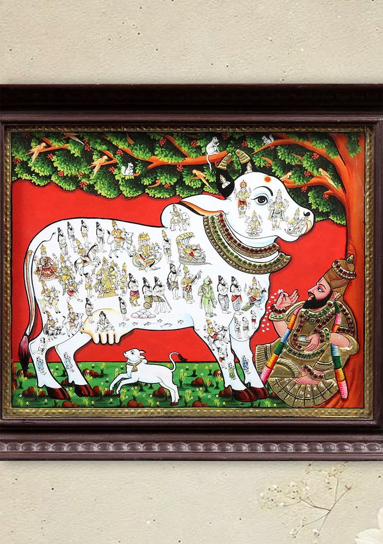 Kamadhenu Cow Tanjore Style Painting Worshipped By Vashishtha Muni