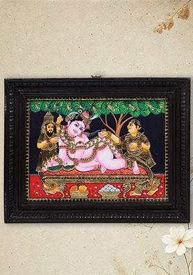 Maiya Yashoda With Bal Krishna Tanjore Painting 24K Gold Work In Teakwood Frame