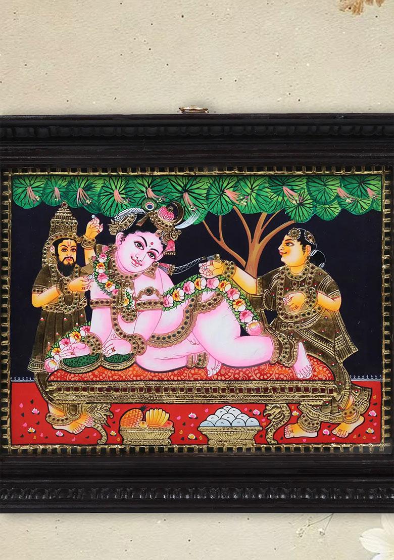 Maiya Yashoda With Bal Krishna Tanjore Painting 24K Gold Work In Teakwood Frame