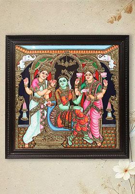 Lakshmi And Saraswati Doing Wedding Shringar Of Devi Parvati Tanjore Painting Art