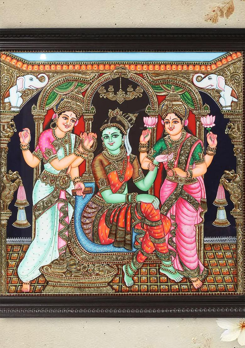 Lakshmi And Saraswati Doing Wedding Shringar Of Devi Parvati Tanjore Painting Art