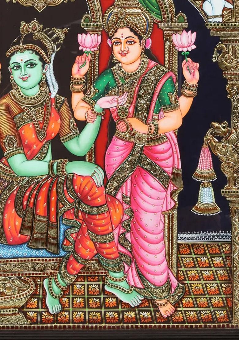 Lakshmi And Saraswati Doing Wedding Shringar Of Devi Parvati Tanjore Painting Art