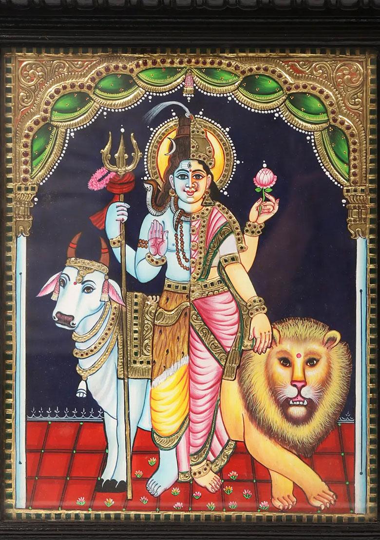 Ardhanarishvara Shiva Shakti Tanjore Painting Indian Spiritual Art