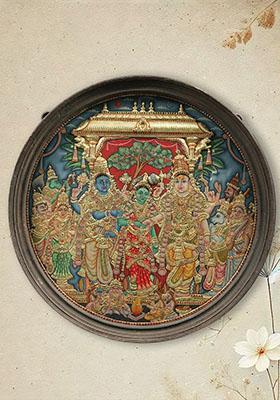 Goddess Meenakshi Round Tanjore Painting With Vintage Teakwood Frame