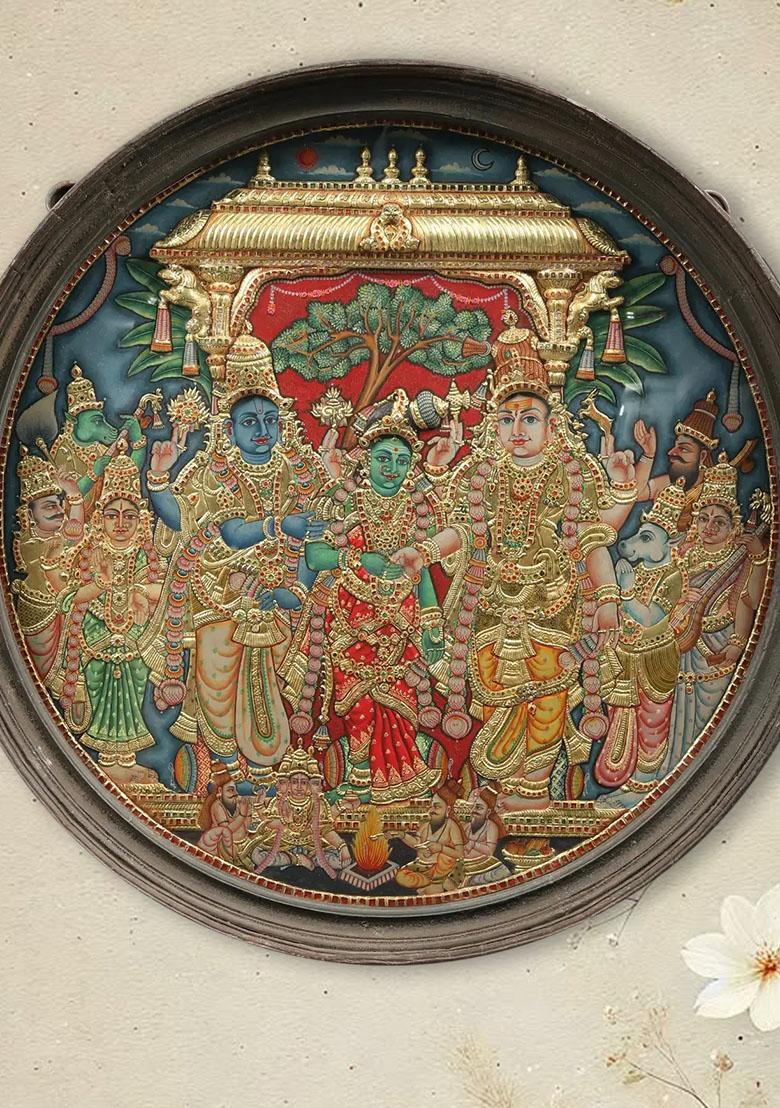 Goddess Meenakshi Round Tanjore Painting With Vintage Teakwood Frame