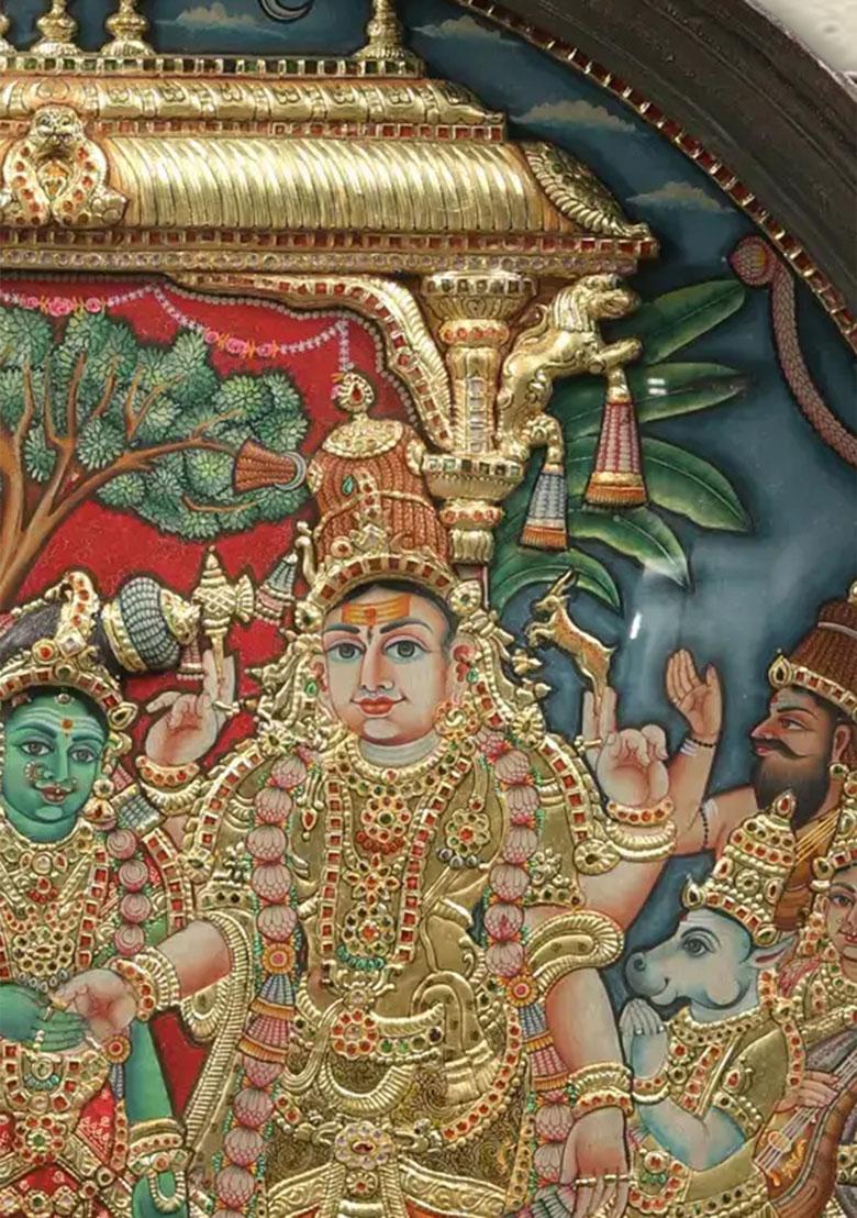 Goddess Meenakshi Round Tanjore Painting With Vintage Teakwood Frame