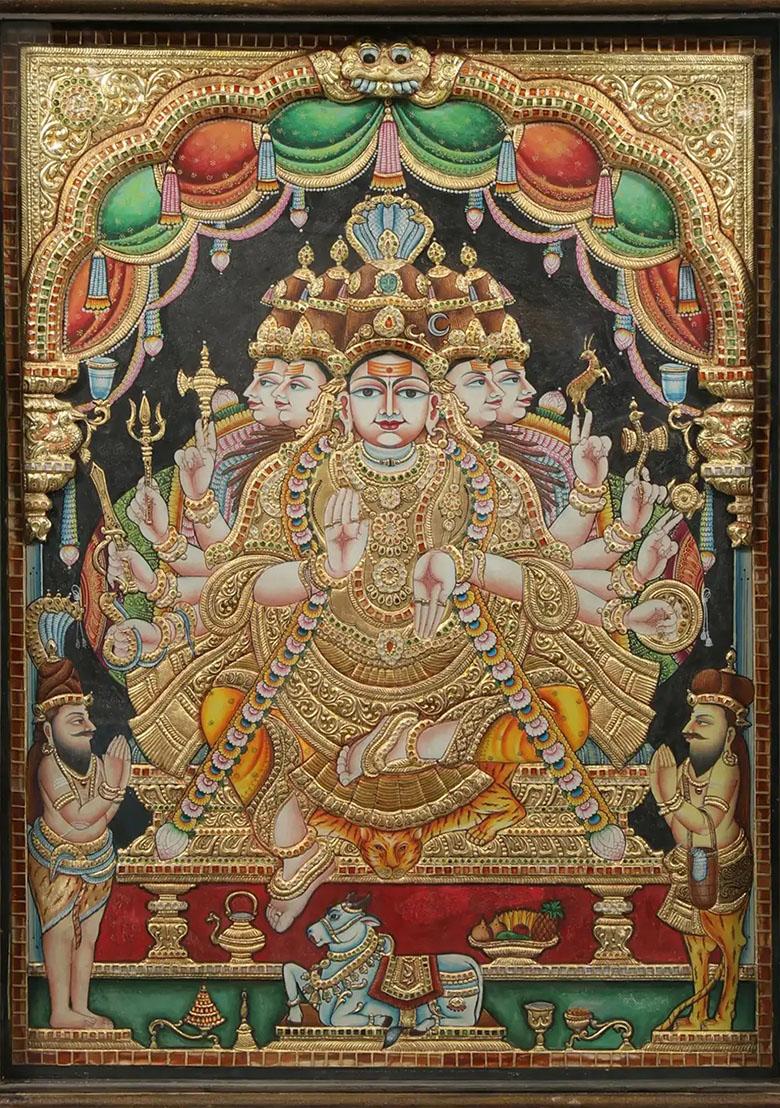 Sadashiva Tanjore Painting With Vintage Teakwood Frame Indian Art Piece