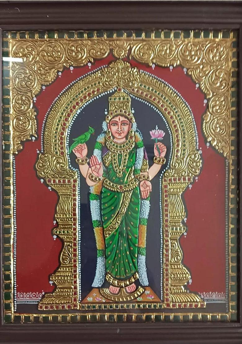 Chaturbhuj Goddess Meenakshi Amman Tanjore Painting Framed Artwork