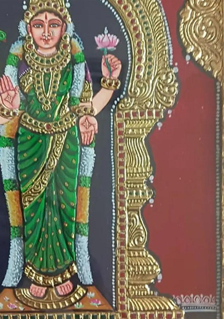 Chaturbhuj Goddess Meenakshi Amman Tanjore Painting Framed Artwork