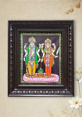 Chaturbhuj Vishnu With Lakshmi Tanjore Painting Framed Artwork