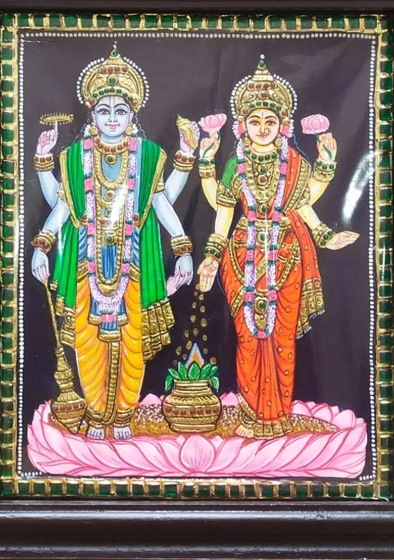 Chaturbhuj Vishnu With Lakshmi Tanjore Painting Framed Artwork