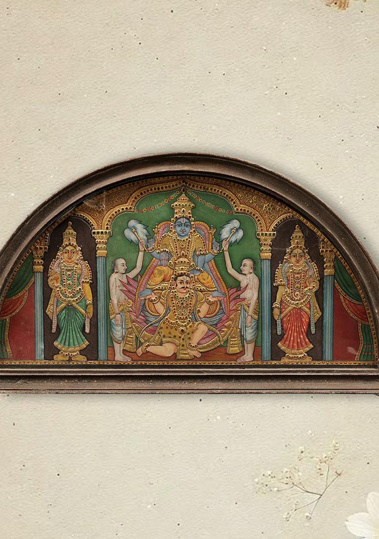 Lord Vishnu Seated On Garuda Tanjore Painting