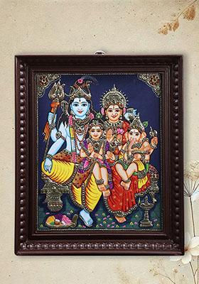 Lord Shiva Family Tanjore Painting 24K Gold Work In Teakwood Frame