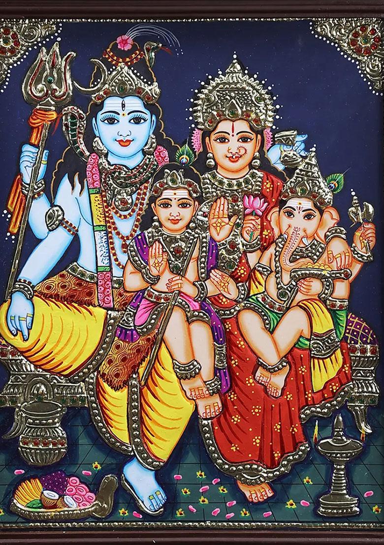 Lord Shiva Family Tanjore Painting 24K Gold Work In Teakwood Frame