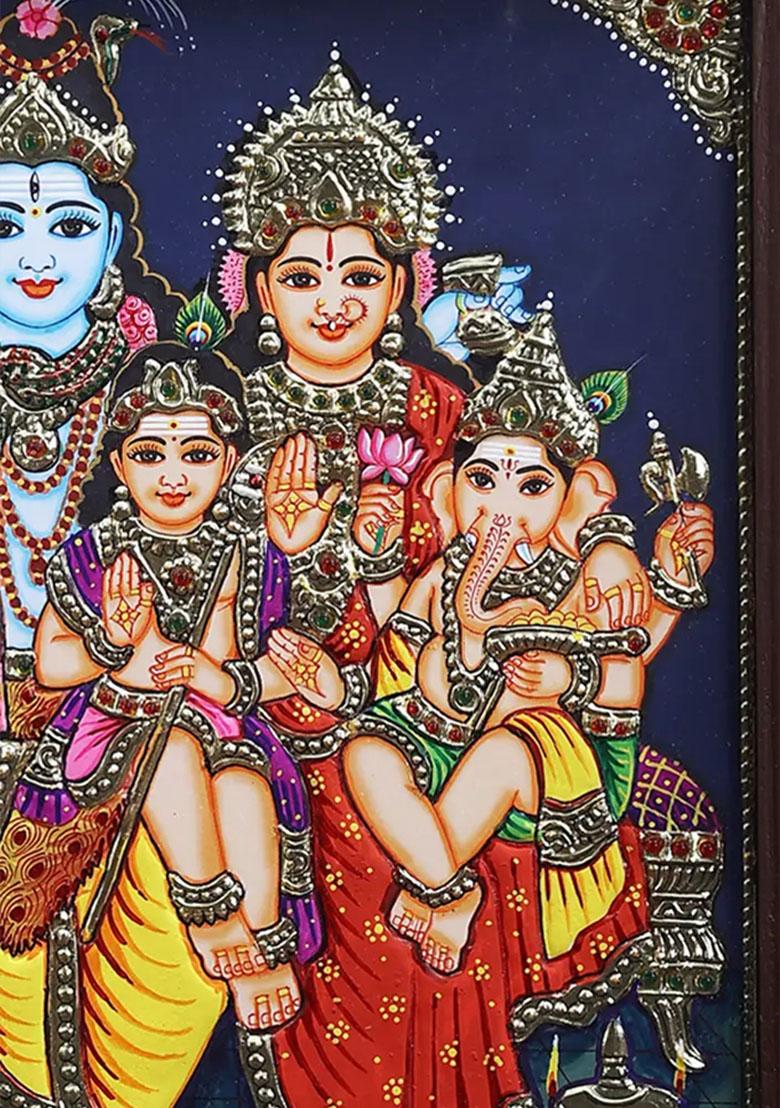 Lord Shiva Family Tanjore Painting 24K Gold Work In Teakwood Frame