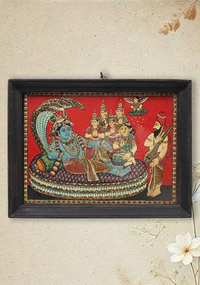 Sheshshayi Lord Krishna Tanjore Painting Framed Artwork