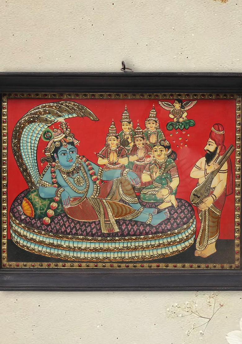 Sheshshayi Lord Krishna Tanjore Painting Framed Artwork