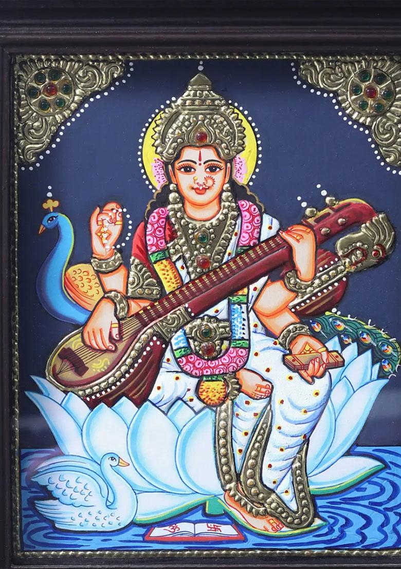 Fourarmed Goddess Saraswati On White Lotustanjore Painting With Teakwood Frame