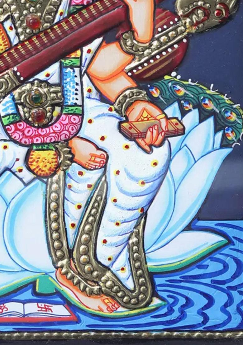 Fourarmed Goddess Saraswati On White Lotustanjore Painting With Teakwood Frame