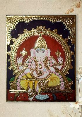 Chaturbhuja Ganesha Tanjore Painting 22K Gold Work