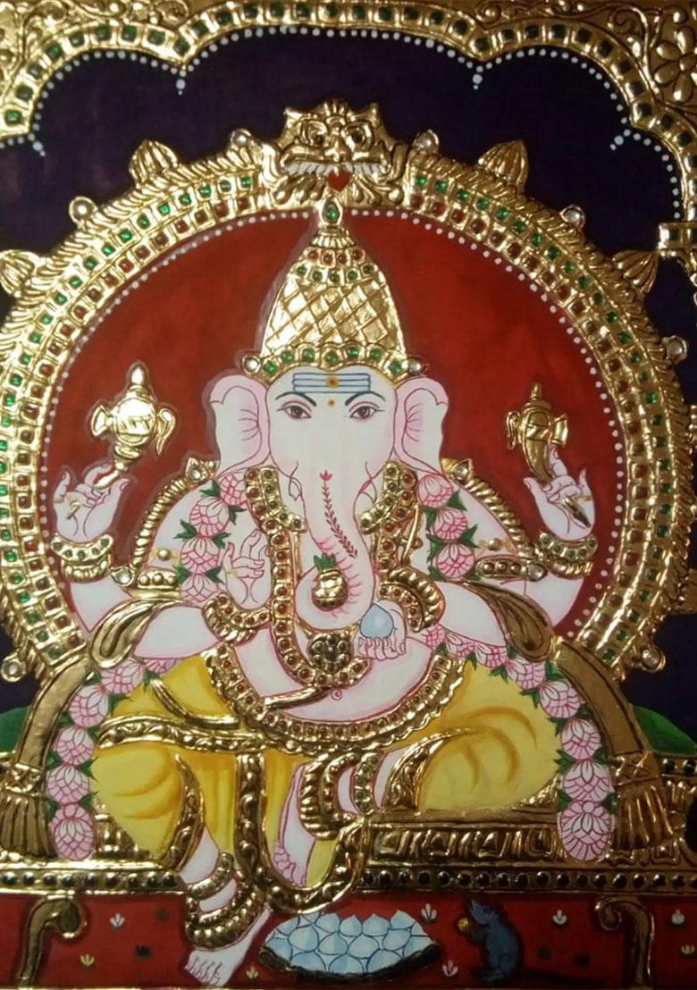 Chaturbhuja Ganesha Tanjore Painting 22K Gold Work
