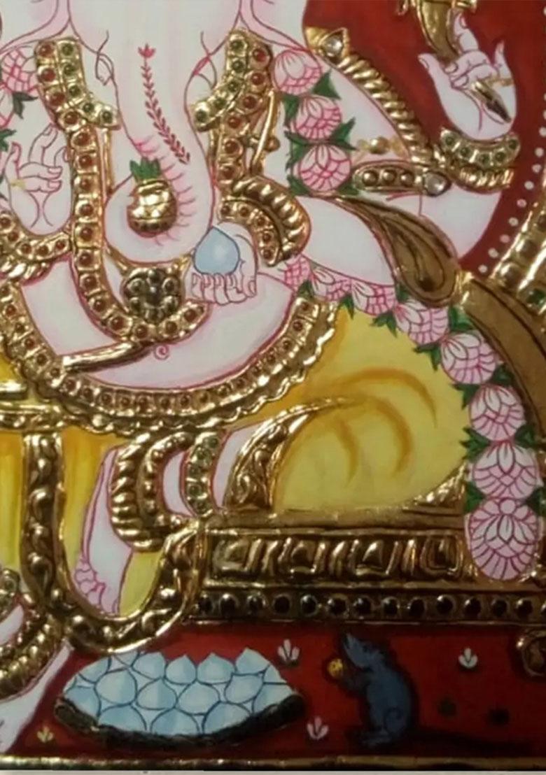 Chaturbhuja Ganesha Tanjore Painting 22K Gold Work