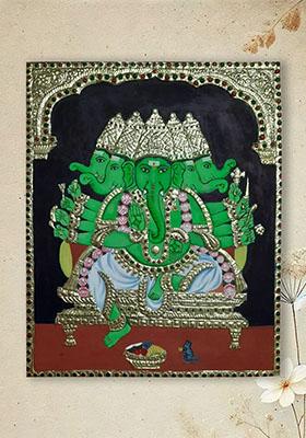 Panchmukhi Lord Ganesha Tanjore Painting 22K Gold Work