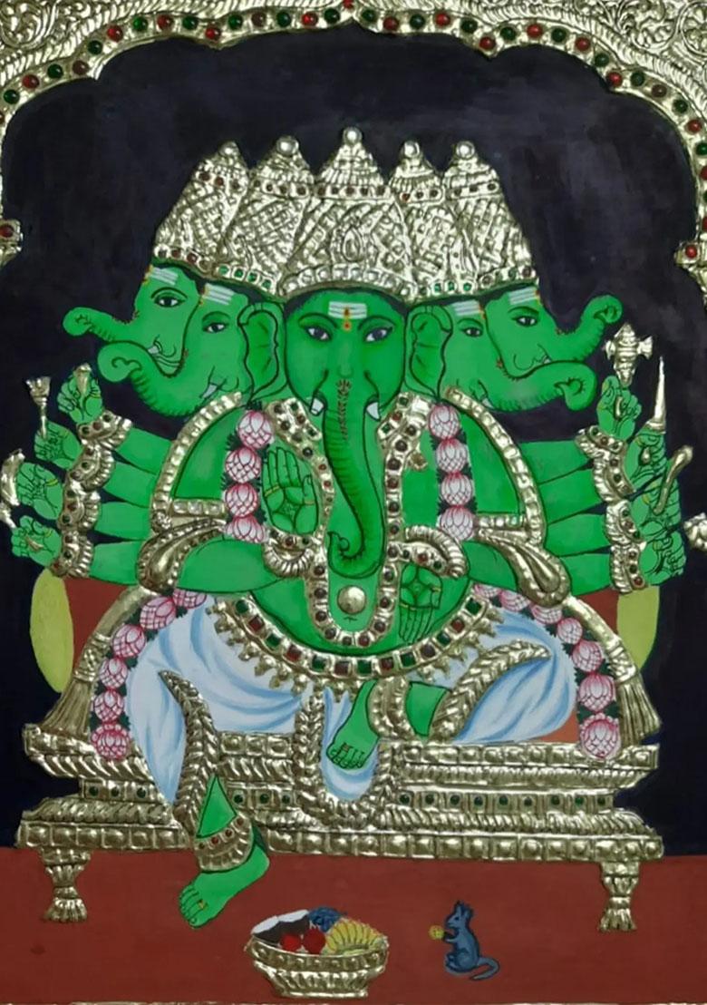 Panchmukhi Lord Ganesha Tanjore Painting 22K Gold Work