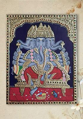 Lord Ganesha With Mushak Tanjore Painting 22K Gold Work