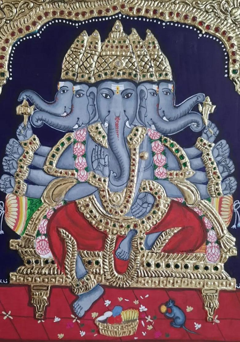 Lord Ganesha With Mushak Tanjore Painting 22K Gold Work