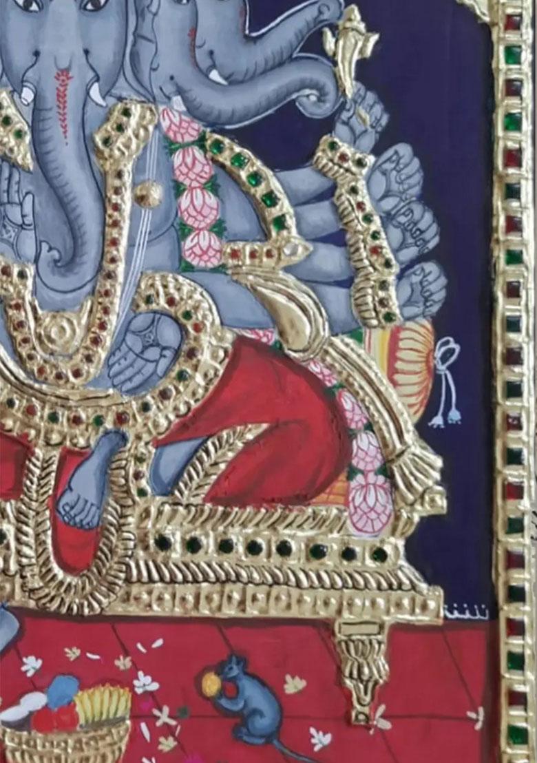 Lord Ganesha With Mushak Tanjore Painting 22K Gold Work