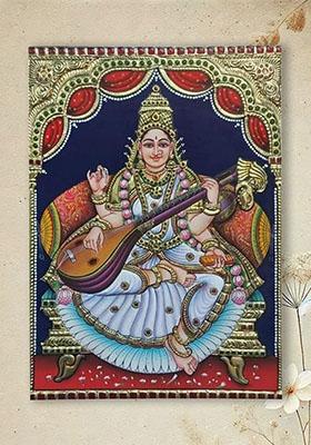Maa Saraswati With Veena Tanjore Painting 22K Gold Work