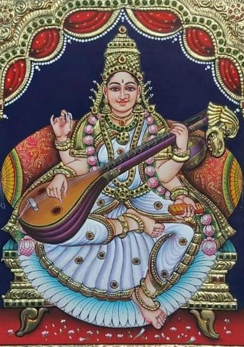 Maa Saraswati With Veena Tanjore Painting 22K Gold Work