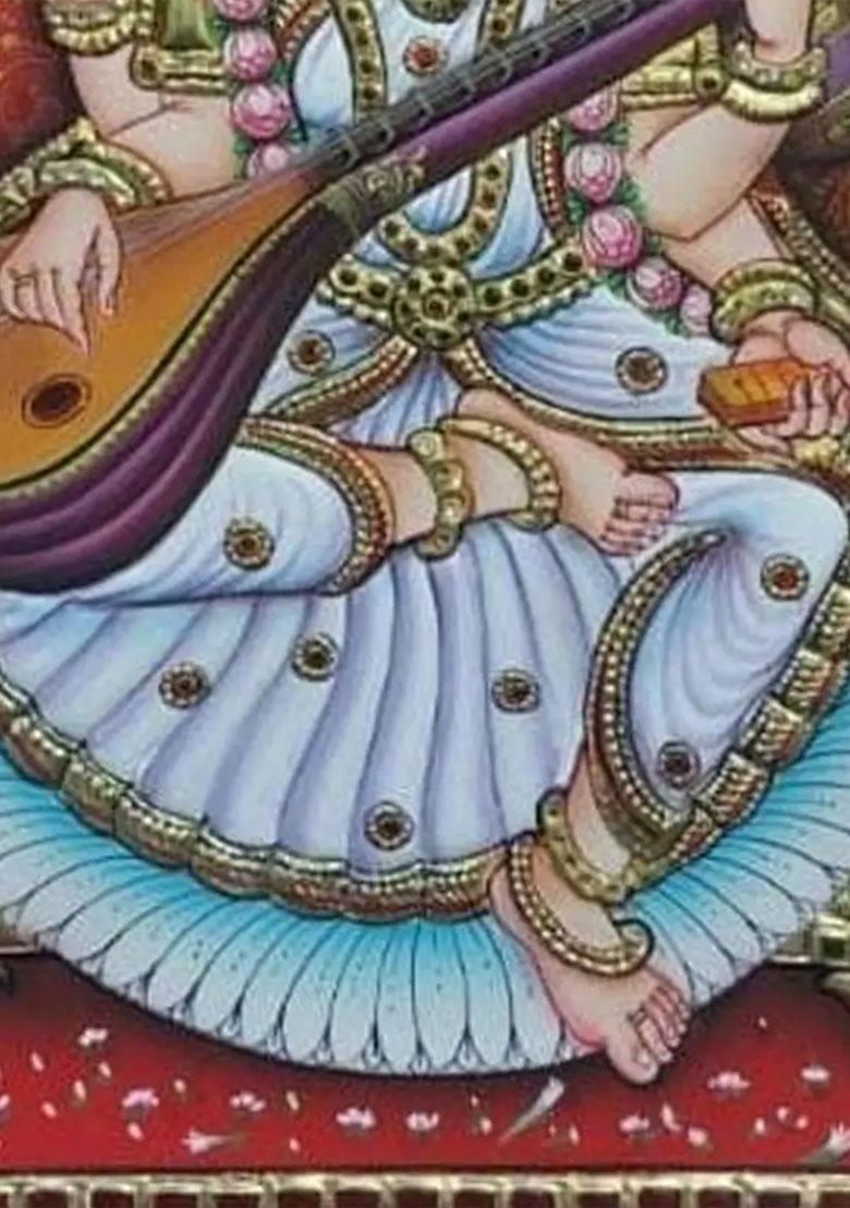 Maa Saraswati With Veena Tanjore Painting 22K Gold Work