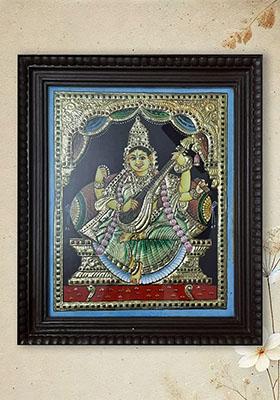 Goddess Saraswati Playing Veena Tanjore Painting 22K Gold Work