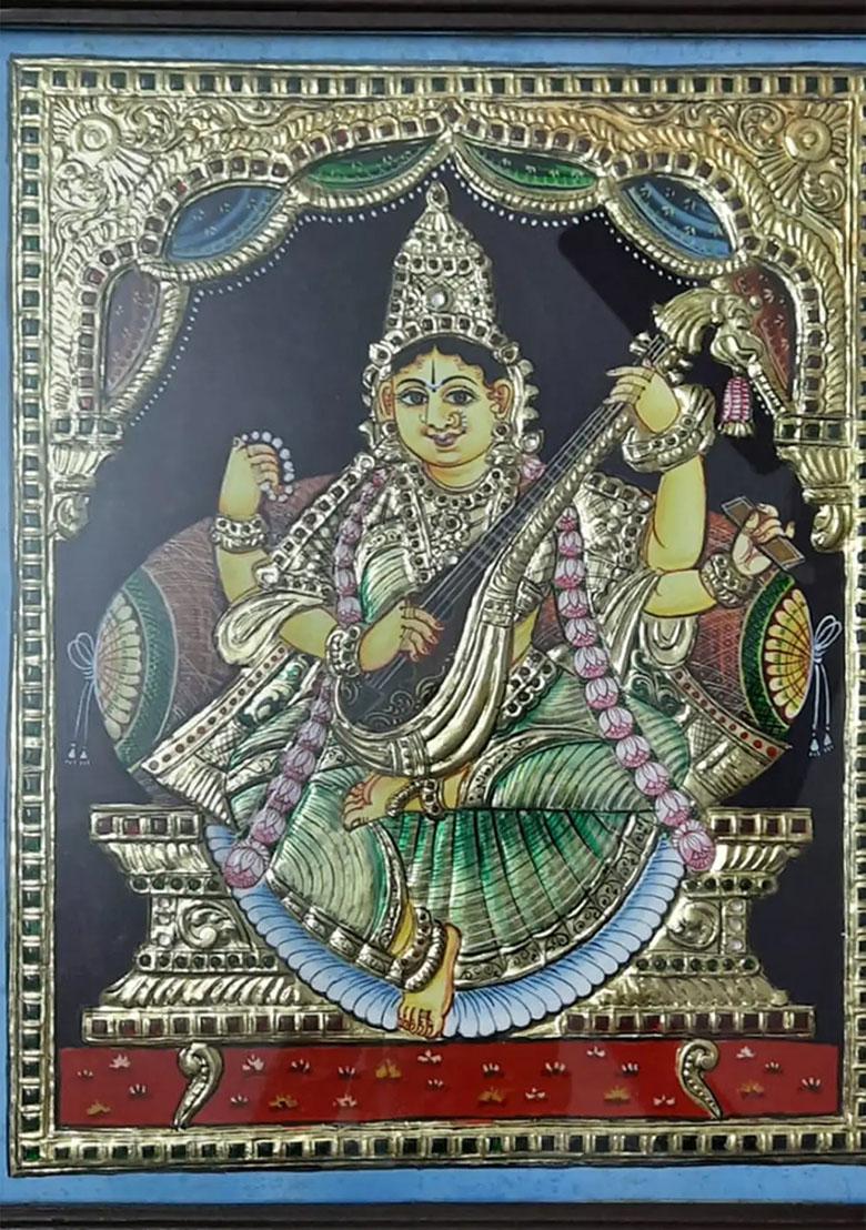 Goddess Saraswati Playing Veena Tanjore Painting 22K Gold Work