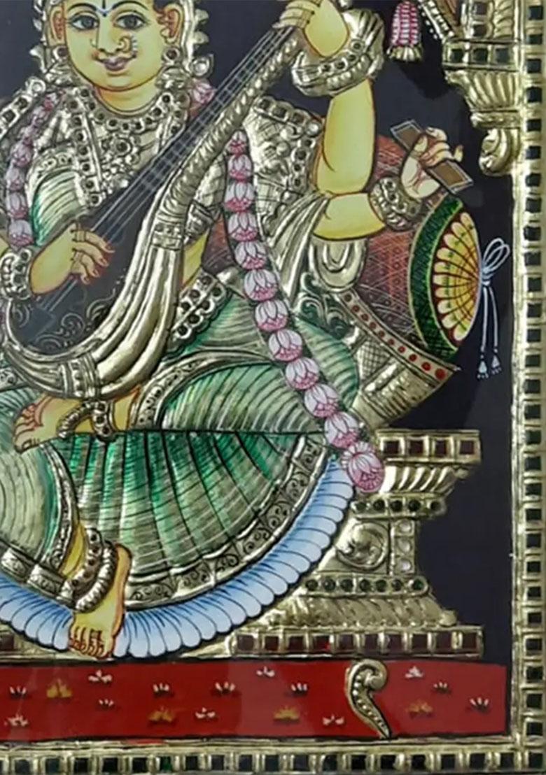 Goddess Saraswati Playing Veena Tanjore Painting 22K Gold Work