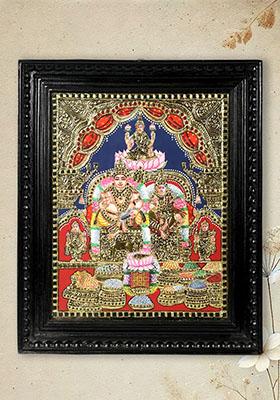 Kubera And Lakshmi Tanjore Painting 24K Gold Work