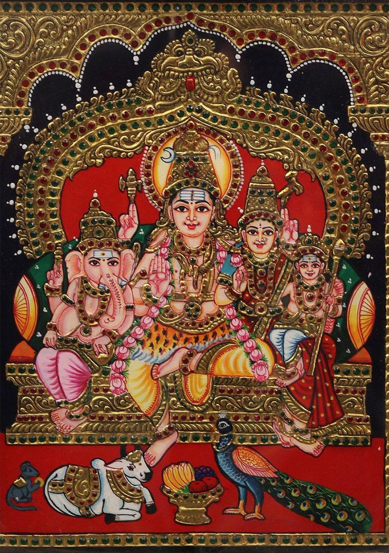 Lord Shiva Family Tanjore Painting 22K Gold Work
