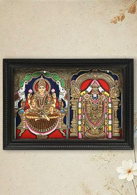 Lord Tirupati Balaji Venkateshvara With Goddess Gajalakshmi Embossed Tanjore Painting