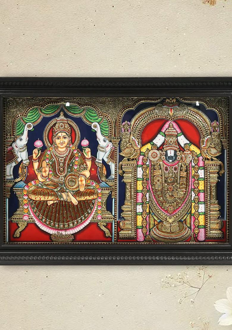 Lord Tirupati Balaji Venkateshvara With Goddess Gajalakshmi Embossed Tanjore Painting