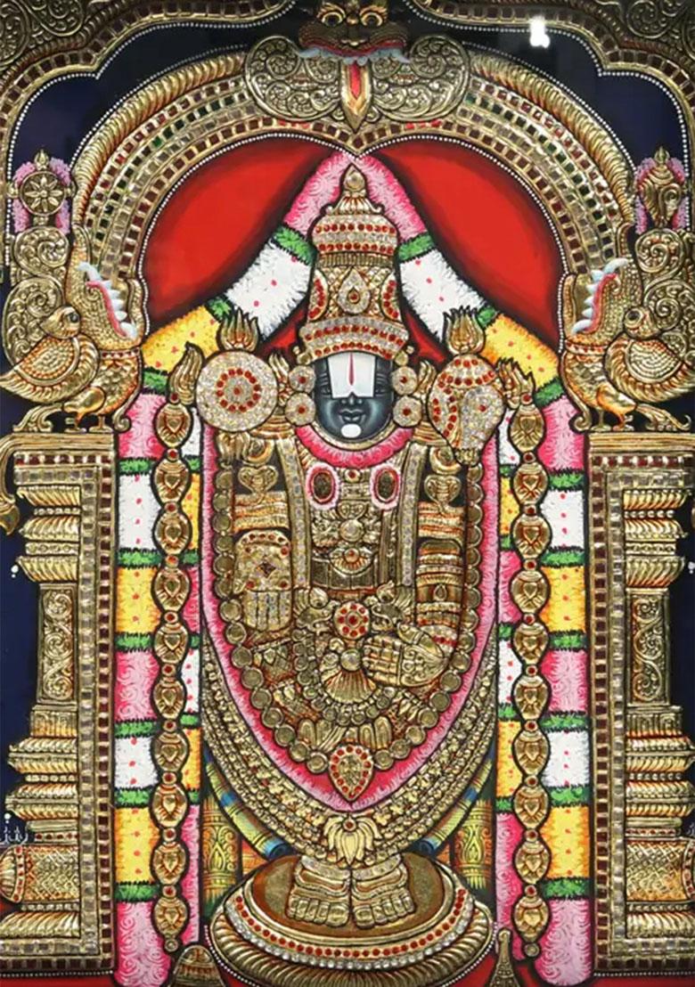 Lord Tirupati Balaji Venkateshvara With Goddess Gajalakshmi Embossed Tanjore Painting