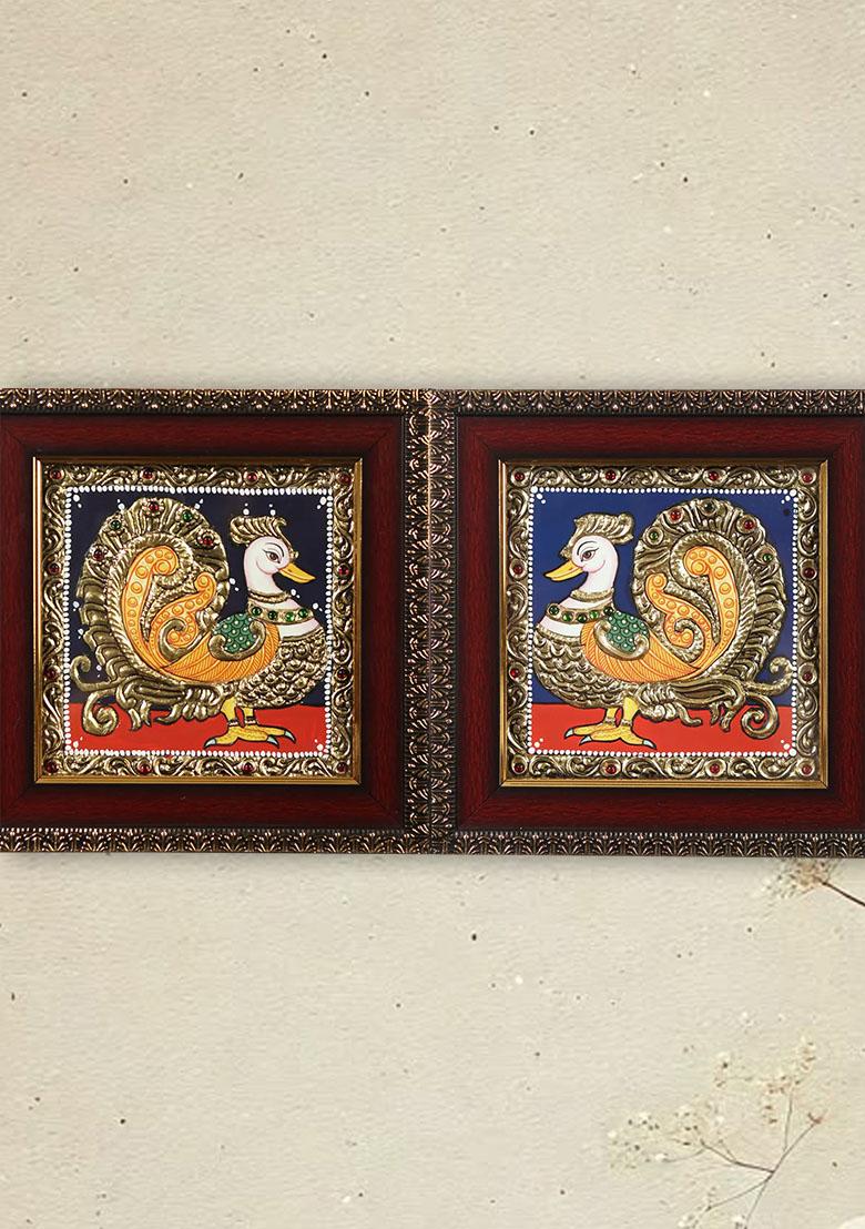 Pair Of Peacock Annam Tanjore Painting 22K Gold Work