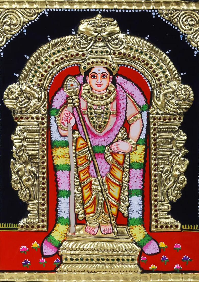 Standing Lord Murugan Tanjore Painting 24K Gold Work
