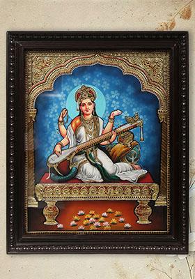 Devi Saraswati Goddess Of Knowledge Tanjore Painting