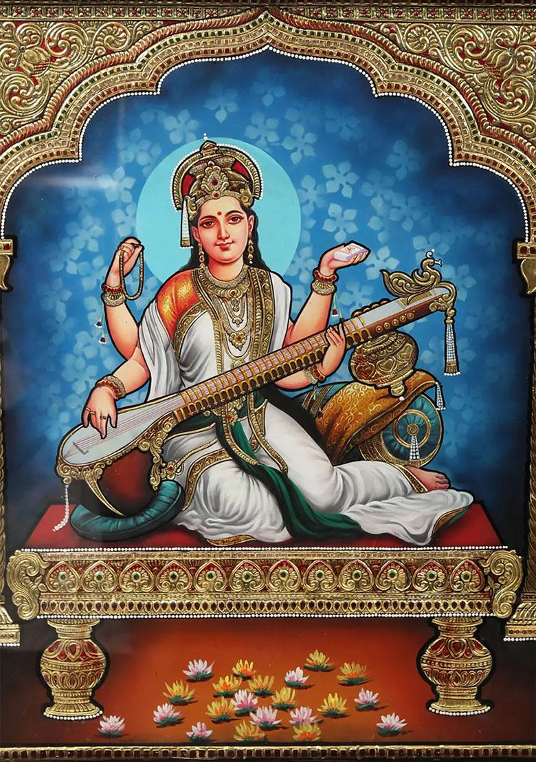 Devi Saraswati Goddess Of Knowledge Tanjore Painting