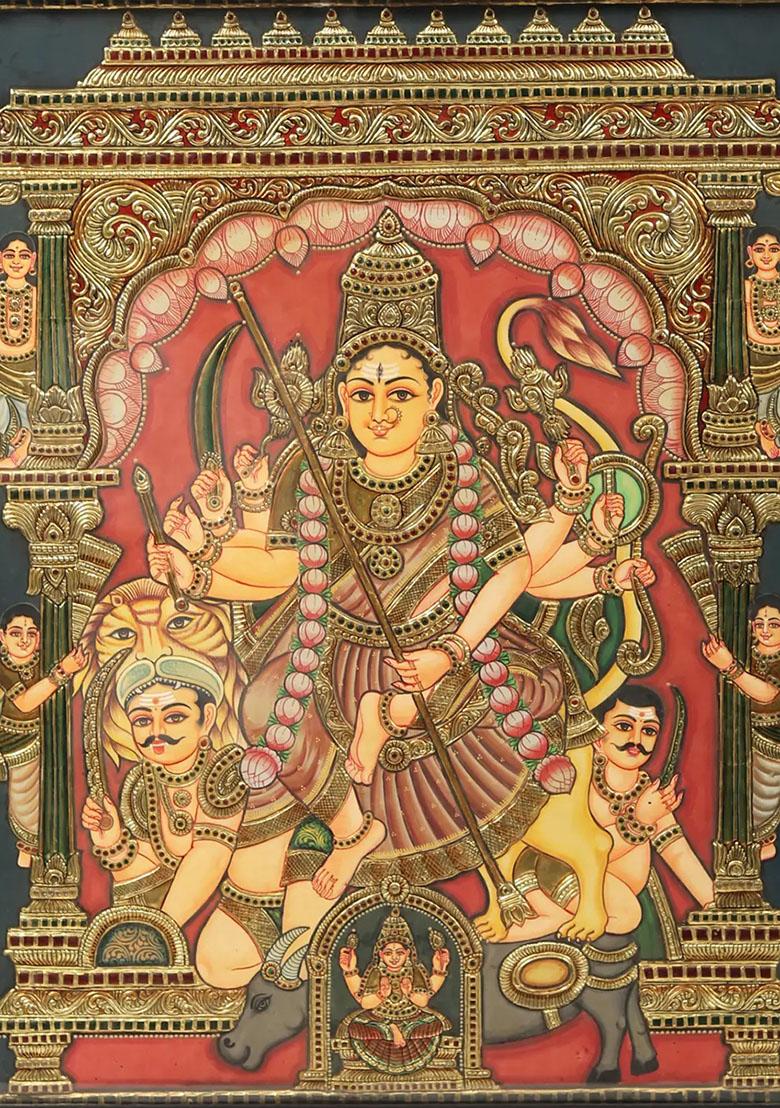 Goddess Durga Tanjore Painting Elegant Embellishments