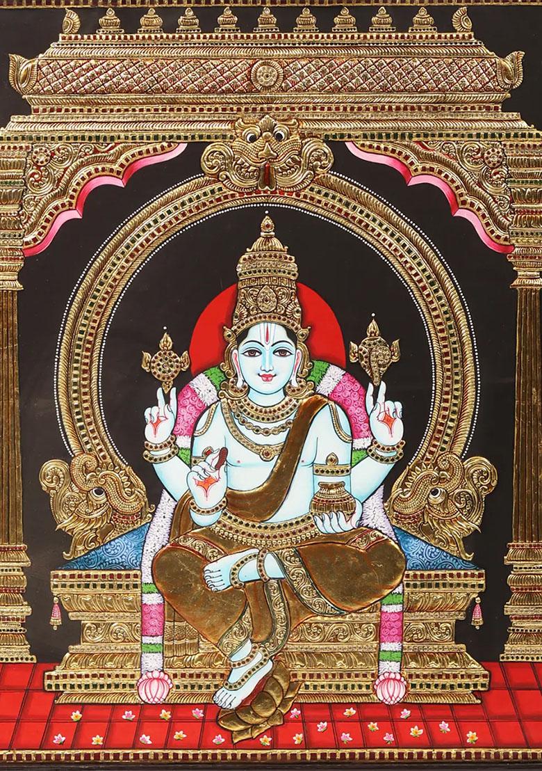 Sitting Lord Dhanvantari Tanjore Painting Handmade Indian Art