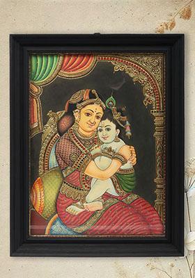 Little Krishna With Yashoda Tanjore Painting Gold Work