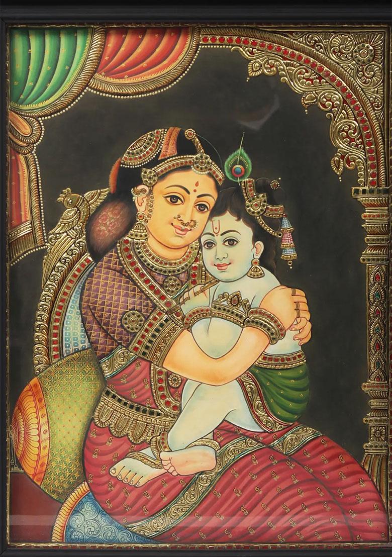 Little Krishna With Yashoda Tanjore Painting Gold Work